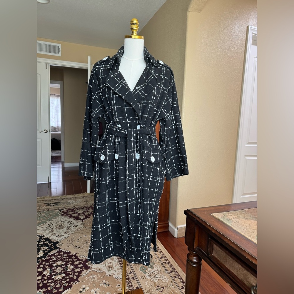 Black and White Plaid Trench Coat